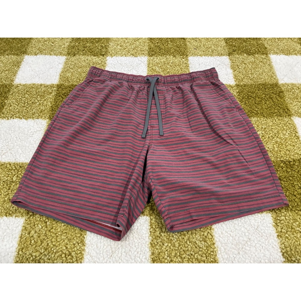 Prana Mens XXL Striped Board Shorts Burgundy Gray Elastic Waist Swim Trunks 7in